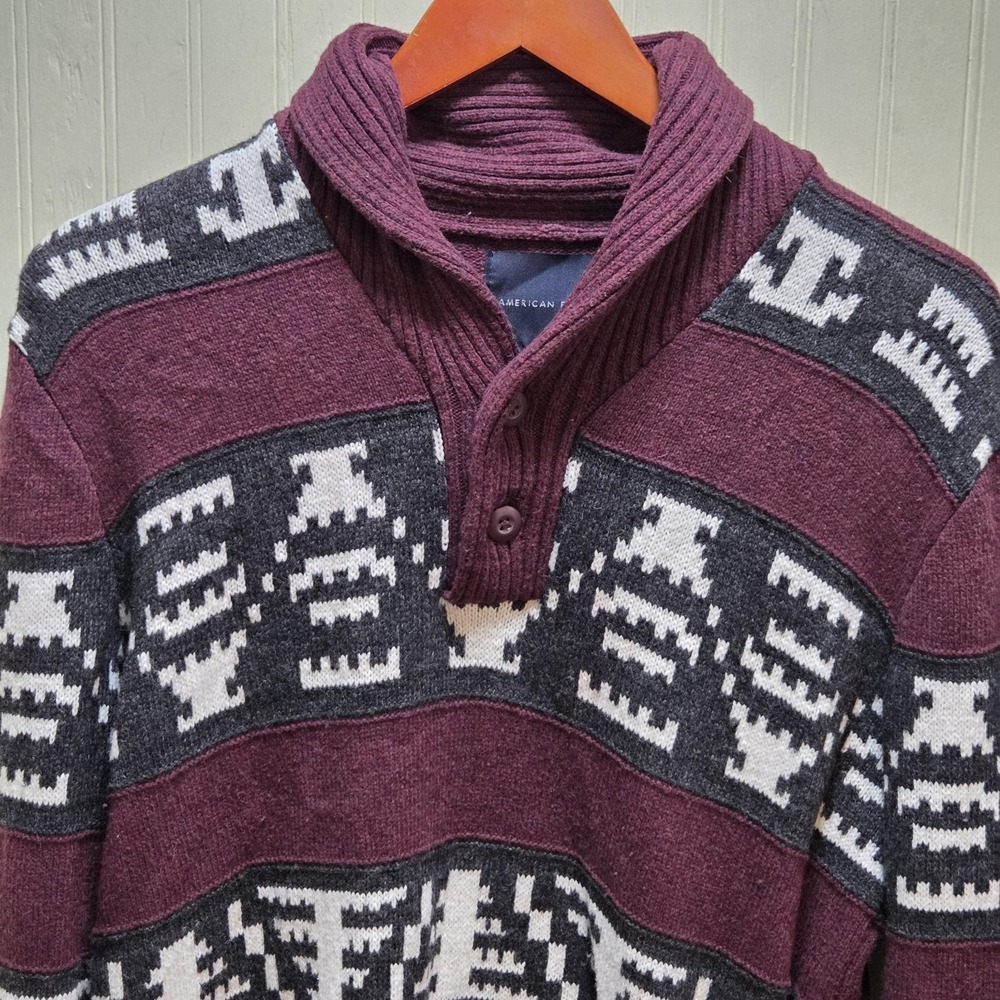 American Eagle Outfitters Sweater Mens Medium Burgundy Aztec Shawl Collar Henley